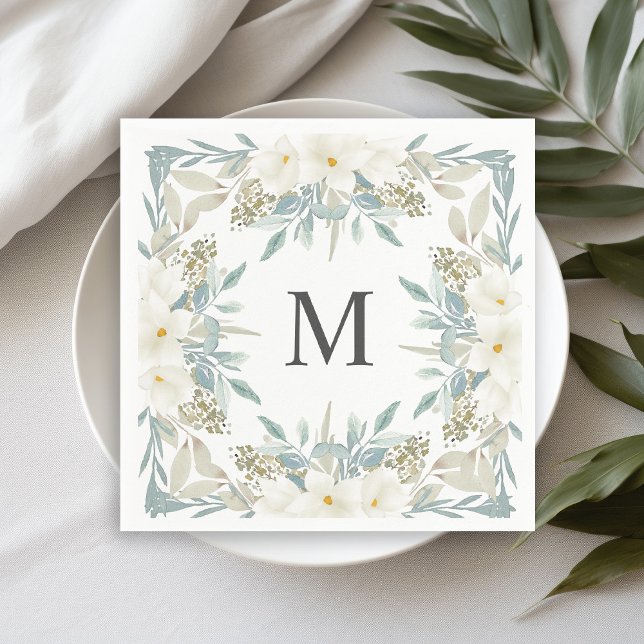 Serviette En Papier Magnolia Moderne Calligraphie Monogramme Mariage (Créateur téléchargé)