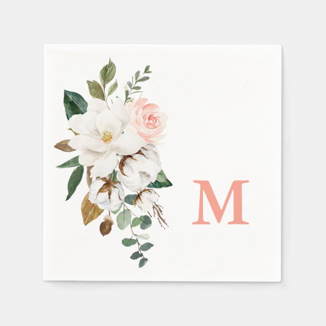 Serviette En Papier Magnolia Monogram Fête des mariées Cocktail Servie (Devant)