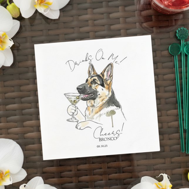 Serviette En Papier Main Drag German Shepherd Martini Open Bar (Toast your pet with this custom hand drawn german shepherd martini cocktail napkin!)