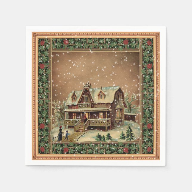 Serviette En Papier Maison de Noël Vintage En Papier Découpage Neige (Devant)