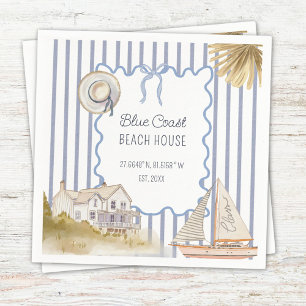 Serviette En Papier Maison de plage bleu chic côtier rayures bleues
