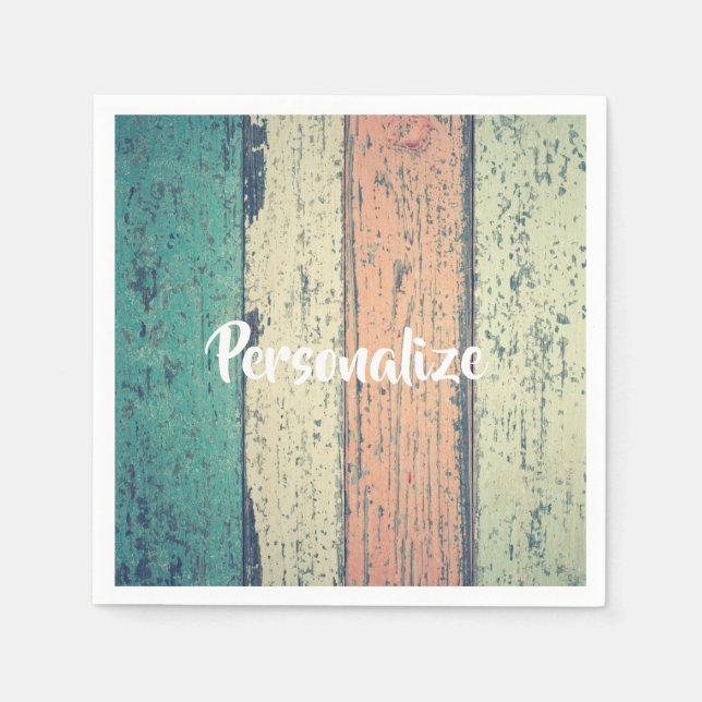 Serviette En Papier Maison de plage en bois peint rayé turquoise sable (Devant)