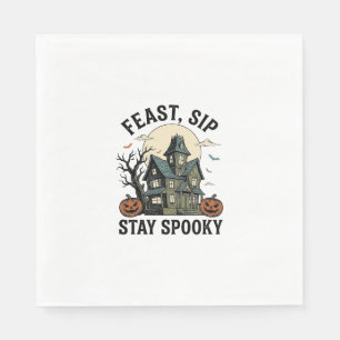 Serviette En Papier Maison Hantée Halloween Gravure Vintage Épouvantab