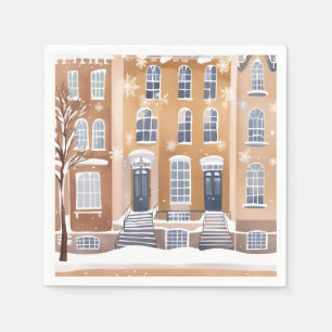 Serviette En Papier Maisons en grès brun   Rue de ville enneigée aquar