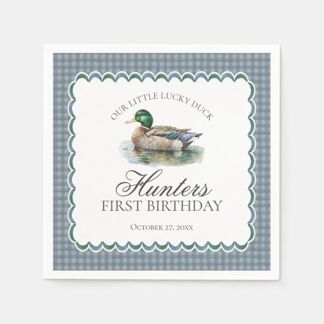 Serviette En Papier Mallard Duck Hunting Blue Gingham Boy Birthday (Devant)