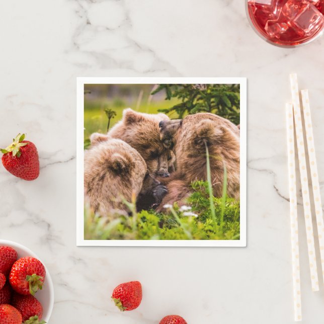 Serviette En Papier Mama bear nourrit ses deux petits, Lake Clark Nati (En situation)