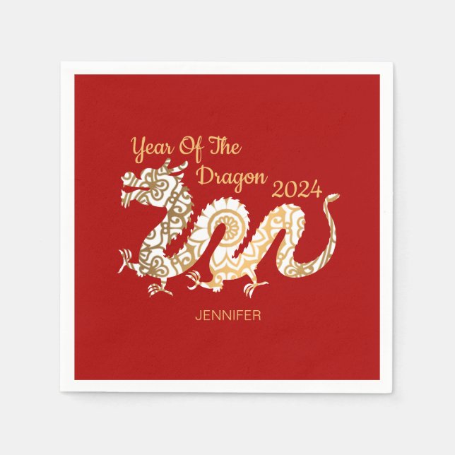 Serviette En Papier Mandala Dragon 2024 Chinois Nouvel An Rouge (Devant)