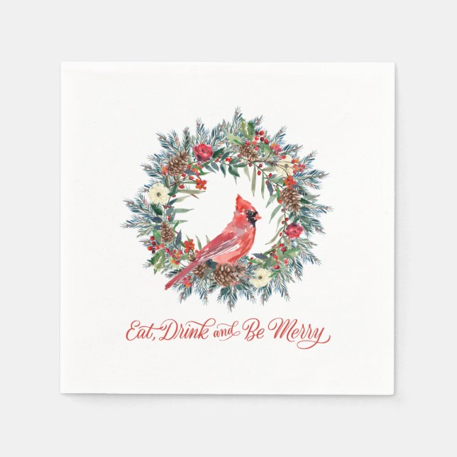 Serviette En Papier Mangez Boire et être Joyeux Noël Wreath Cardinal (Devant)
