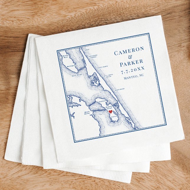 Serviette En Papier Manteo NC Outer Banks OBX Marine Mariage élégant (Manteo NC custom wedding cocktail napkins with elegant navy blue Outer Banks OBX map)