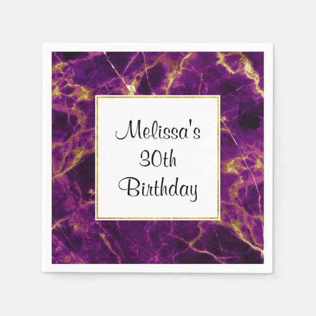 Serviette En Papier Marbre Abstrait moderne violet et or Anniversaire (Devant)