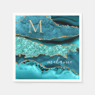Serviette En Papier Marbre bleu turquoise or personnalisé Nom Naples
