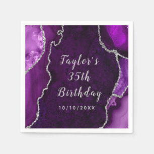 Serviette En Papier Marbre d'agate pourpre et argent Anniversaire