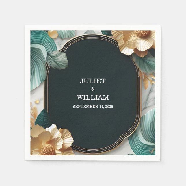 Serviette En Papier Marbre Monstera Emerald Vert Et Or Mariage (Devant)