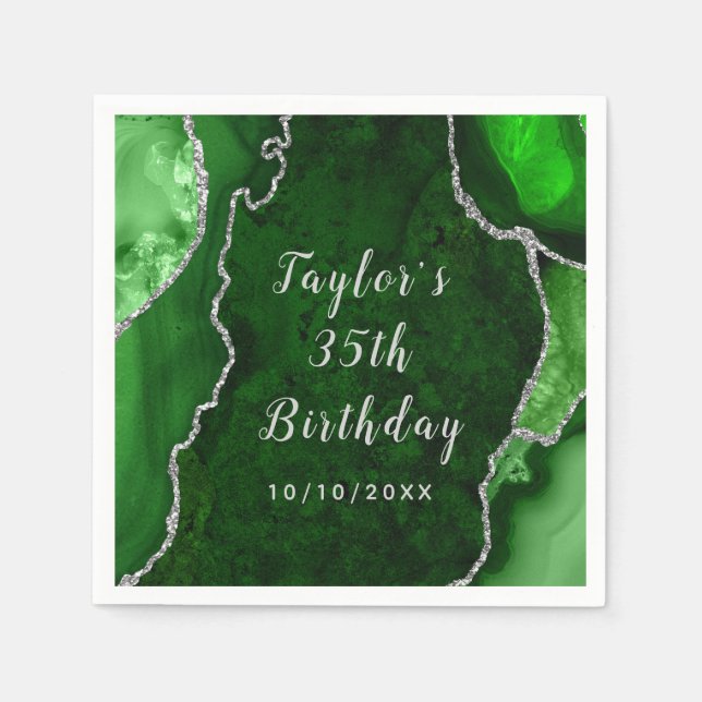Serviette En Papier Marbre vert et argent Agate Anniversaire (Devant)