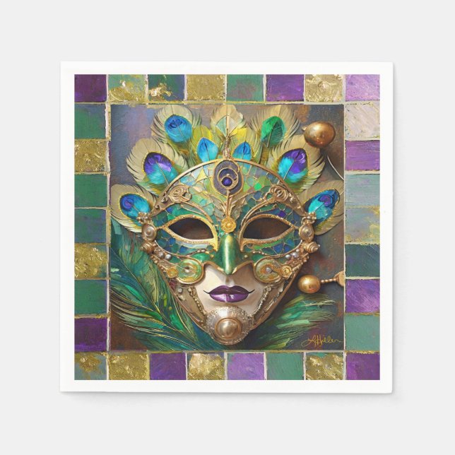 Serviette En Papier Mardi Gras Gold Ceramic Peacock Feature Masque (Devant)
