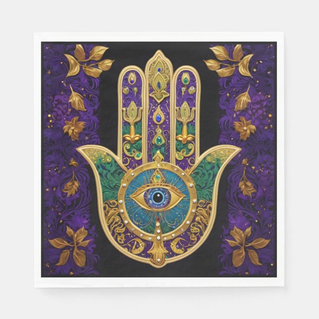 Serviette En Papier Mardi Gras Gold violet vert Hamsas Art (Devant)