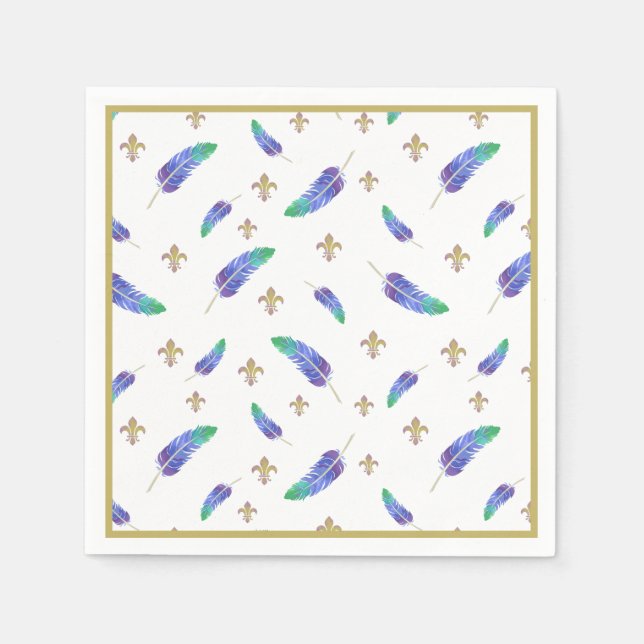 Serviette En Papier Mardi Gras Plumes et Fleur de Lis Motif (Devant)