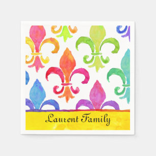 Serviette En Papier Mardi Gras Rainbow Fleur de lis Nom de famille