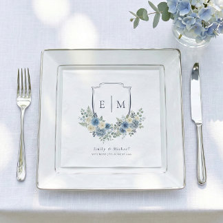 Serviette En Papier Mariage à la crête florale aquarelle bleue