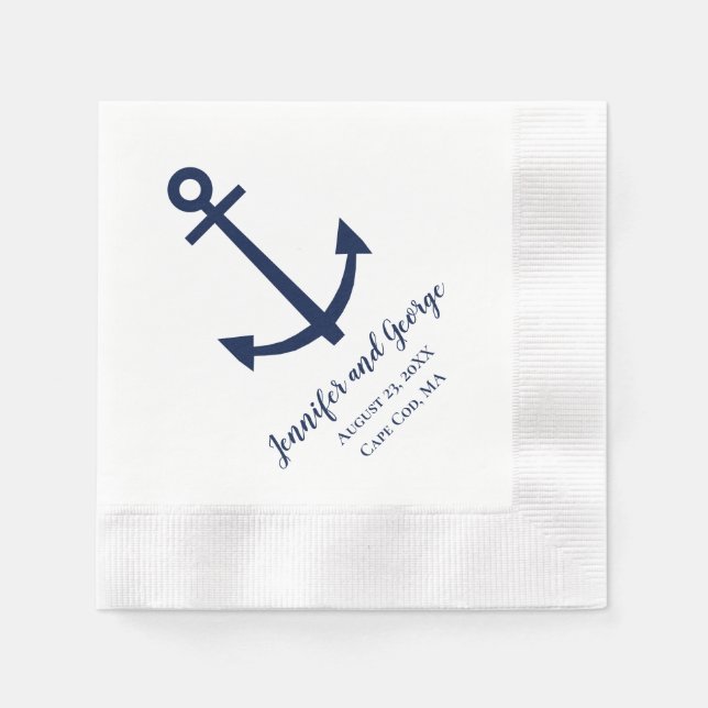 Serviette En Papier Mariage à l'ancre bleu marine nautique  (Devant)