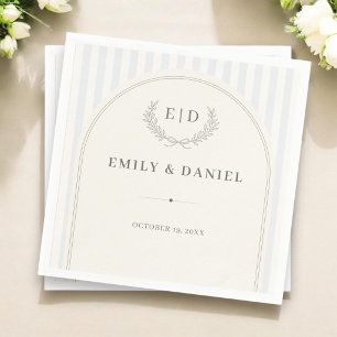 Serviette En Papier Mariage à rayures Bleu & Sage avec monogramme