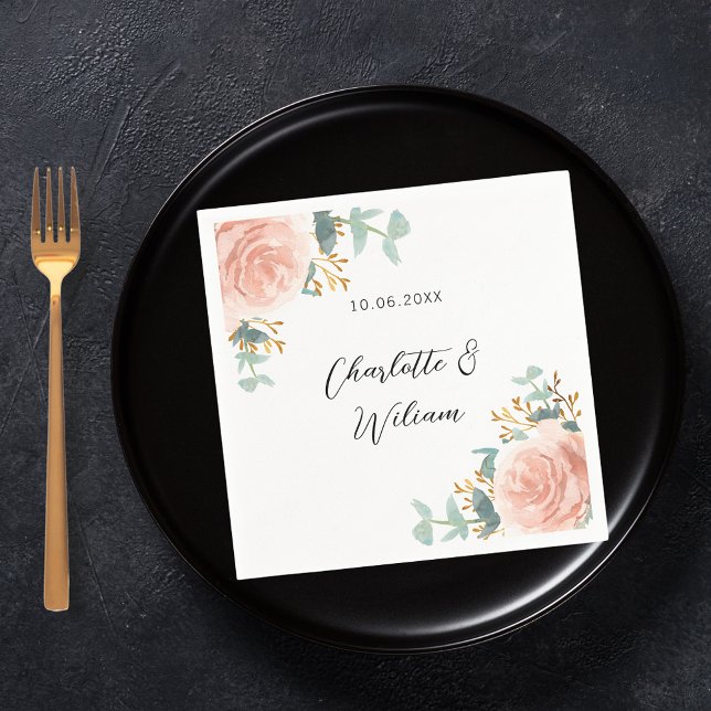 Serviette En Papier Mariage à rougeur rose d'eucalyptus floraux (Créateur téléchargé)
