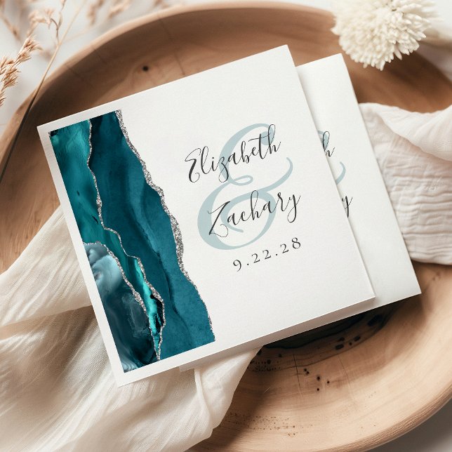 Serviette En Papier Mariage Agate Geode Script Bleu Canard Argent (Créateur téléchargé)