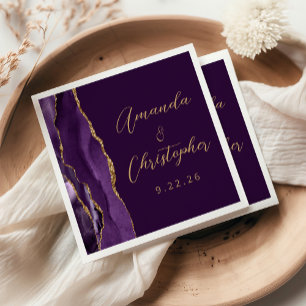 Serviette En Papier Mariage Agate Violet Or Script Prune
