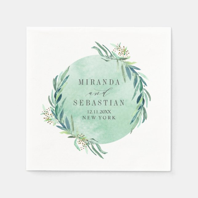 Serviette En Papier Mariage aqua monogramme de guirlande d'eucaliptus  (Devant)