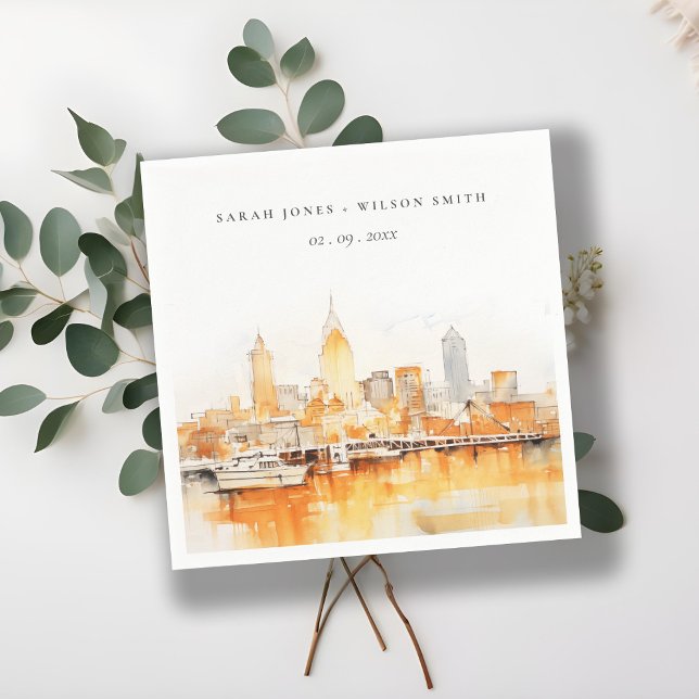 Serviette En Papier Mariage Aquarelle à Nashville avec vue sur la vill (Créateur téléchargé)