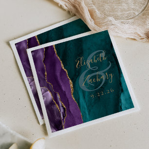 Serviette En Papier Mariage Aquarelle Agate Script Violet Or Turquoise
