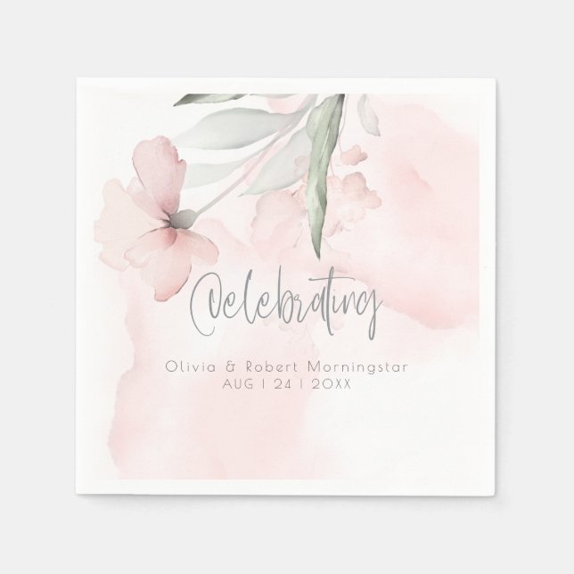 Serviette En Papier Mariage | Aquarelle bleu rose vif Rose serviettes (Devant)