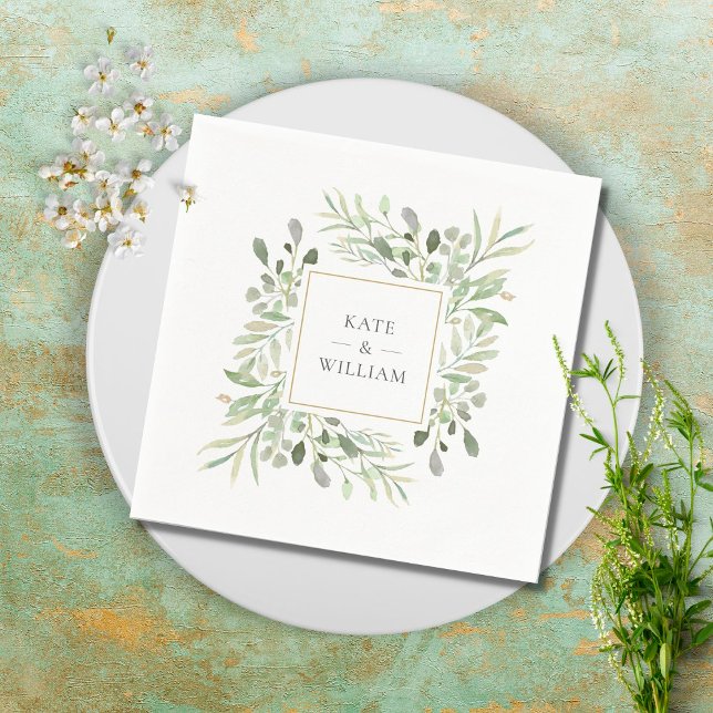 Serviette En Papier Mariage Aquarelle Feuillage Verdure (Créateur téléchargé)