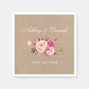 Serviette En Papier Mariage aquarelle floral rose kraft