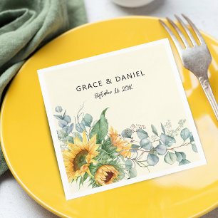 Serviette En Papier Mariage aquarelle rustique tournesol eucalyptus