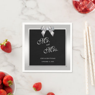 Serviette En Papier Mariage Argent Élégant Nœud Gem & Noir