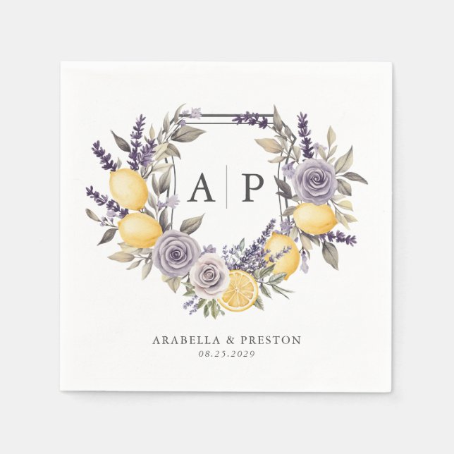 Serviette En Papier Mariage Armoiries Florales Monogramme Lavande Citr (Devant)