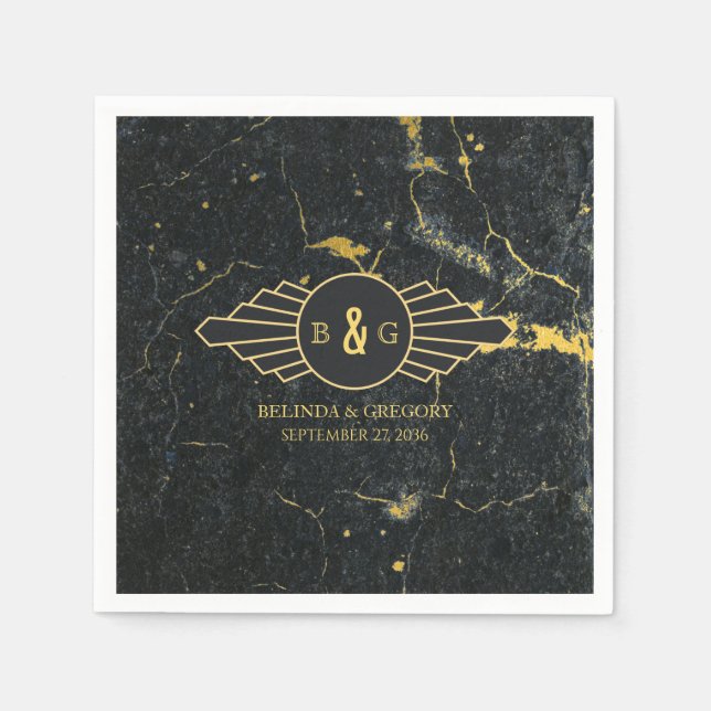 Serviette En Papier Mariage Art déco en marbre d'or noir (Devant)