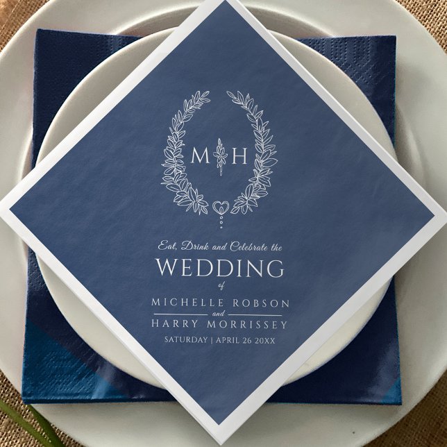 Serviette En Papier Mariage art monogramme ovale feuille blanc bleu fo (Créateur téléchargé)