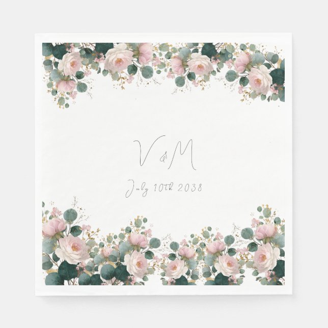 Serviette En Papier Mariage au jardin de roses roses eucalyptus (Devant)