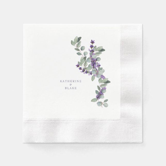 Serviette En Papier Mariage au lavis de lavande et d'eucalyptus à mono (Devant)