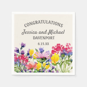 Serviette En Papier Mariage aux fleurs sauvages aquarelles jaune viole