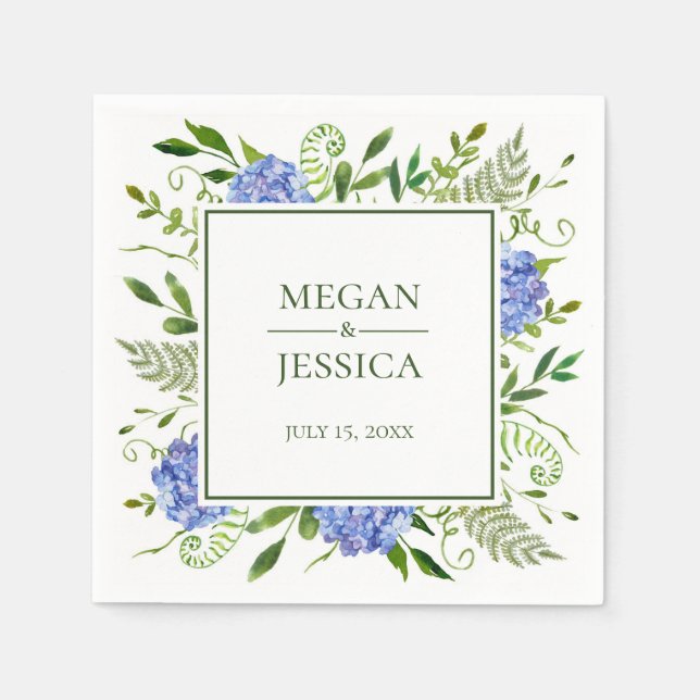 Serviette En Papier Mariage aux Hortensias Bleus (Devant)