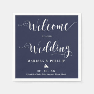 Serviette En Papier Mariage Bienvenue manuscrit Nautique bleu marine