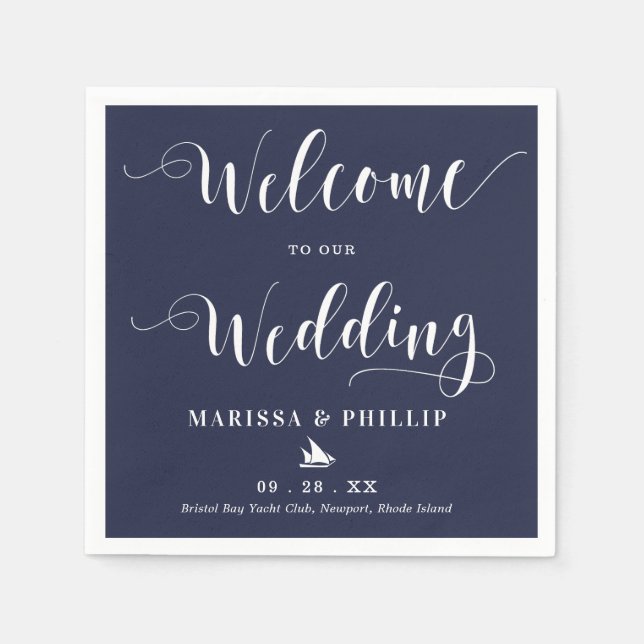 Serviette En Papier Mariage Bienvenue manuscrit Nautique bleu marine (Devant)