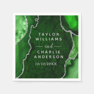 Serviette En Papier Mariage Bille d'Agate Verte et Argentée