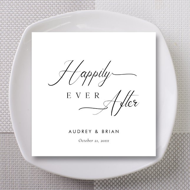 Serviette En Papier Mariage blanc personnalisé "Heureux toujours après (Personalized White Happily Ever After Wedding Napkins)
