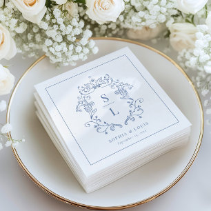 Serviette En Papier Mariage bleu élégant monogramme blason baroque