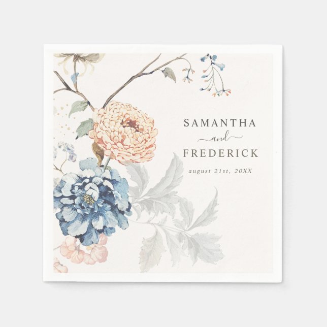Serviette En Papier Mariage bleu floral brun (Devant)