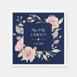 Serviette En Papier Mariage bleu marine à fleurs rose pâle